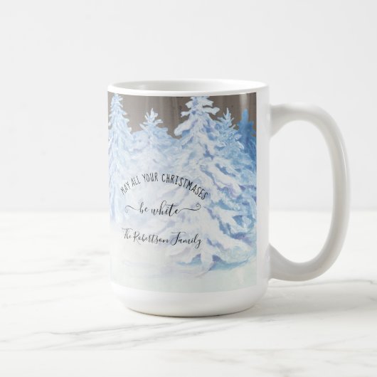 雪の松の木クリスマスウッド素朴ファミリー コーヒーマグカップ (右)