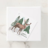 雪の松の木、鹿のクリスマスメッセージカード フェイバータグ (インサイチュ)