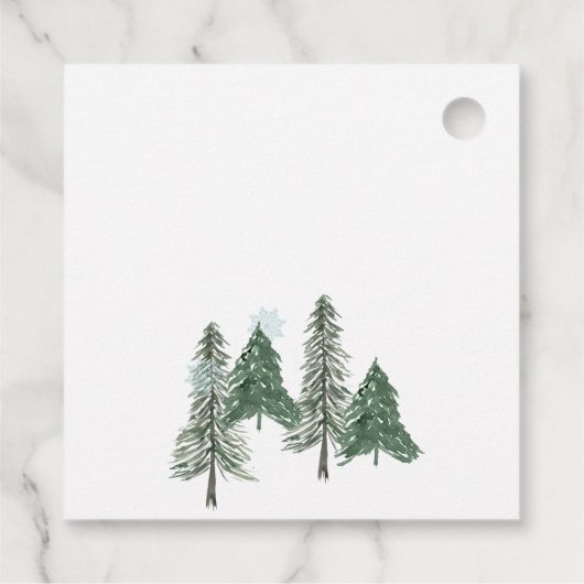 雪の松の木、鹿のクリスマスメッセージカード フェイバータグ (裏面)