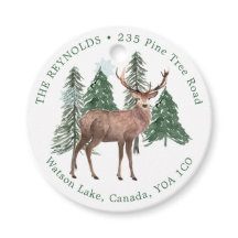 雪の松の木、鹿のクリスマスメッセージカード