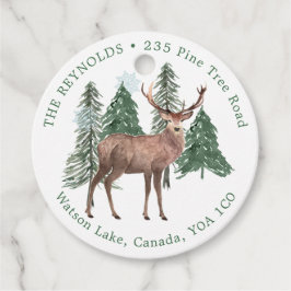 雪の松の木、鹿のクリスマスメッセージカード フェイバータグ