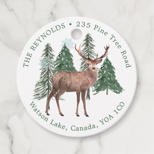 雪の松の木、鹿のクリスマスメッセージカード フェイバータグ (正面)