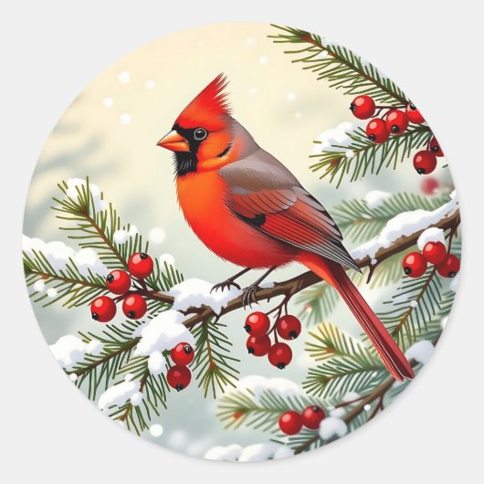 雪の松の枝に止まるクリスマスのショウジョウコウチョウ ラウンドシール (正面)