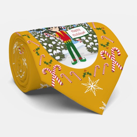 雪の松の森でキャンディーケーンとクリスマスの小妖精や小人 ネクタイ (ロール)