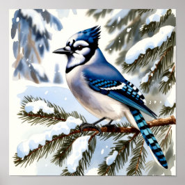 雪の松の水彩画の冬の鳥、ルリカケス ポスター