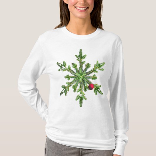 雪の松の雪の結晶クリスマス Tシャツ (正面)