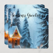 雪の松林と小屋の5x5クリスマスカード (正面/裏面)