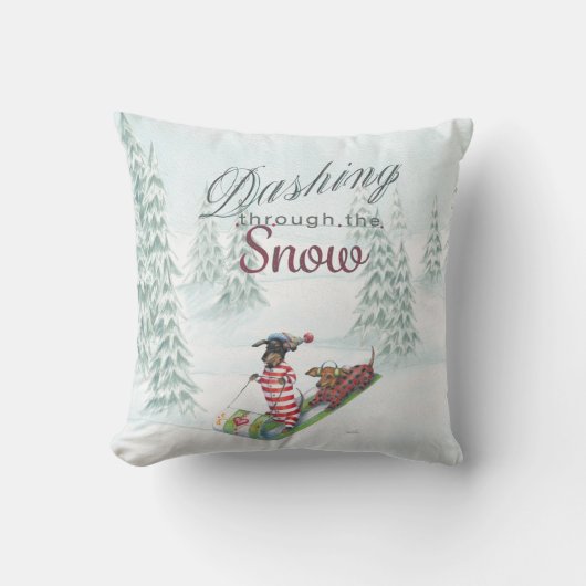 雪の枕を通って紛砕しているダックスフント クッション (正面)