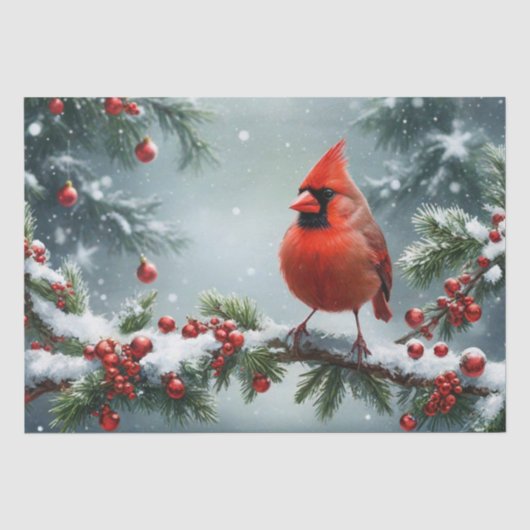雪の枝にとまるクリスマスのショウジョウコウチョウ 薄葉紙 (正面)