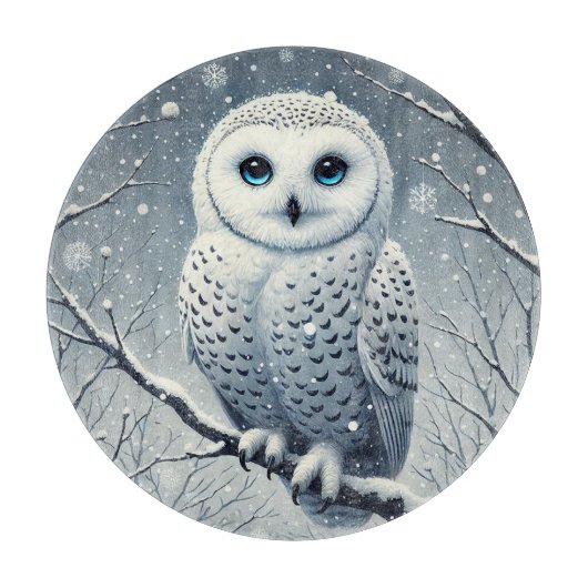 雪の枝にとまるシロフクロウ カッティングボード (正面)