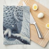 雪の枝にとまるシロフクロウ キッチンタオル (四つ折り)
