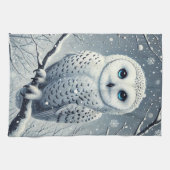 雪の枝にとまるシロフクロウ キッチンタオル (横)