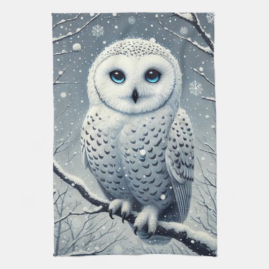 雪の枝にとまるシロフクロウ キッチンタオル (縦)