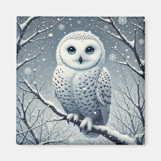 雪の枝にとまるシロフクロウ マグネット (正面)