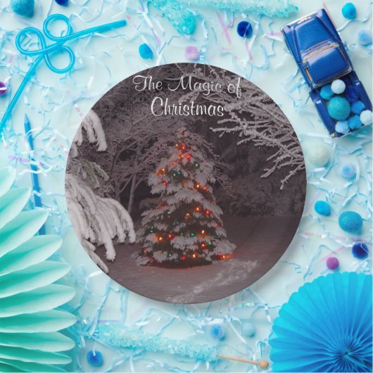 雪の枝にクリスマスイルミネーション ペーパープレート (パーティー)