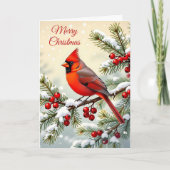 雪の枝に止まるクリスマスのショウジョウコウチョウ カード (正面)