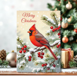 雪の枝に止まるクリスマスのショウジョウコウチョウ カード