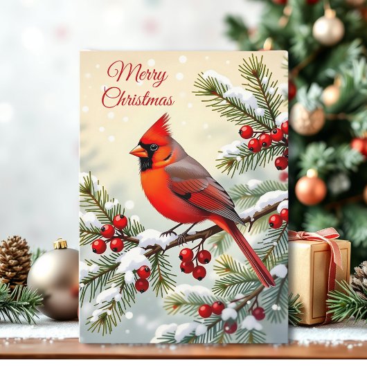 雪の枝に止まるクリスマスのショウジョウコウチョウ カード