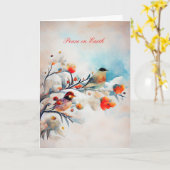 雪の枝に水色の鳥の冬のシーン カード (黄色い花)