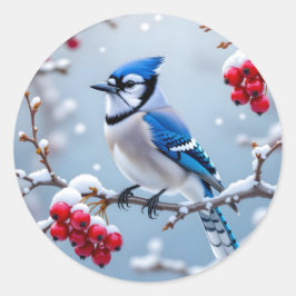 雪の枝に美しいブルージェイがいるクリスマス ラウンドシール