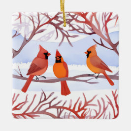 雪の枝に赤い深紅色が3つ セラミックオーナメント