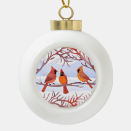 雪の枝に赤い深紅色が3つ セラミックボールオーナメント