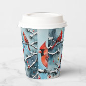 雪の枝に赤い(鳥)ショウジョウコウカンチョウの鳥クリスマス 紙コップ (左)