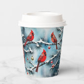 雪の枝に赤い(鳥)ショウジョウコウカンチョウの鳥クリスマス 紙コップ (裏面)