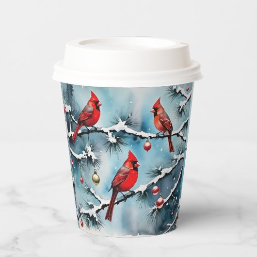 雪の枝に赤い(鳥)ショウジョウコウカンチョウの鳥クリスマス 紙コップ (正面)