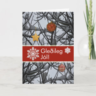 雪の枝に飾られたアイスランドのクリスマスオーナメント シーズンカード