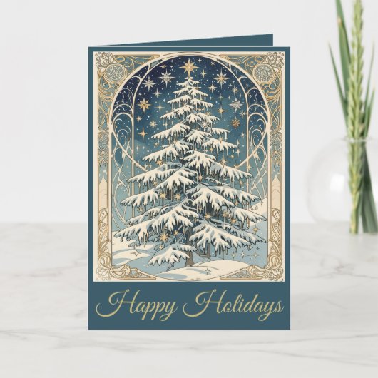 雪の枝に飾られたクリスマスツリー シーズンカード (正面)