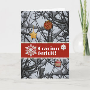 雪の枝に飾られたルーマニアのクリスマスオーナメント シーズンカード