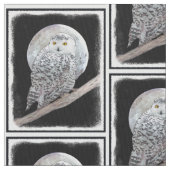 雪の梟と月絵画-オリジナル鳥画 ファブリック (クローズアップ)