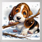 雪の棒を持ったかわいい子犬 ポスター (正面)