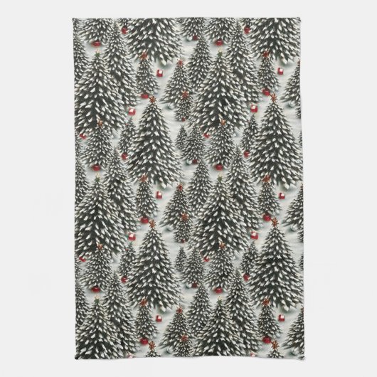 雪の森がクリスマスツリーを覆った キッチンタオル (縦)