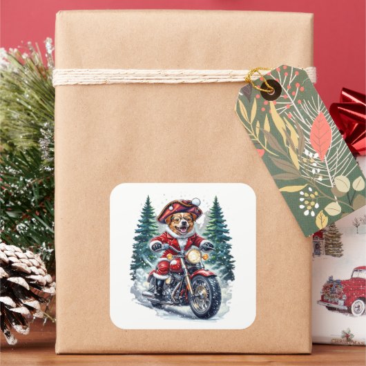 雪の森でバイクに乗るサンタの犬 スクエアシール (クリスマス)