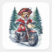 雪の森でバイクに乗るサンタの犬 スクエアシール (正面)