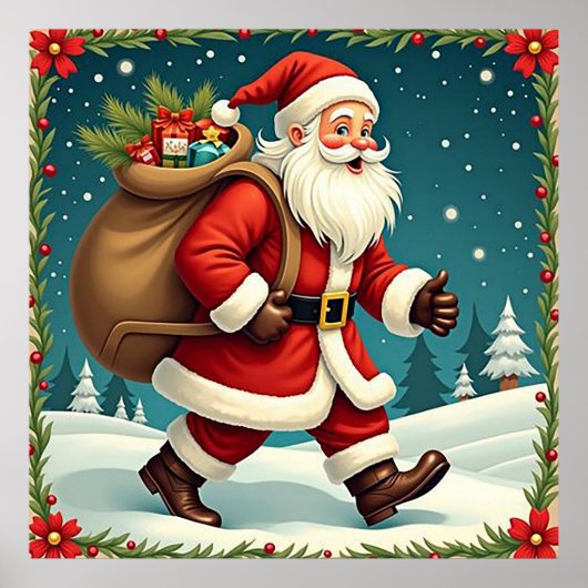 雪の森でプレゼントを配るサンタクロース ポスター (正面)