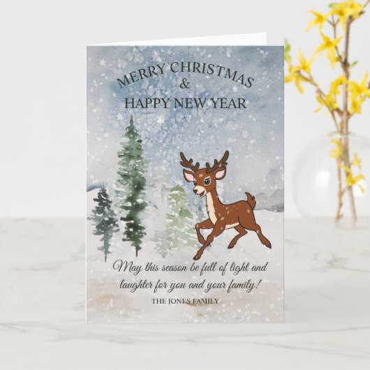 雪の森とベビー鹿クリスマス カード (黄色い花)