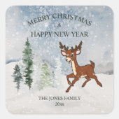 雪の森とベビー鹿クリスマス スクエアシール (正面)