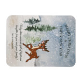 雪の森とベビー鹿クリスマス マグネット (横)