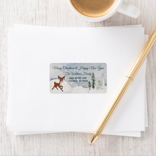 雪の森とベビー鹿クリスマス ラベル (インサイチュ)