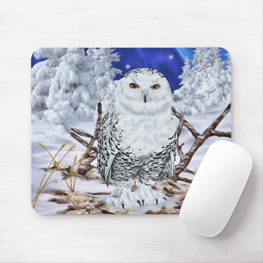 雪の森に止まるシロフクロウ マウスパッド (マウス)