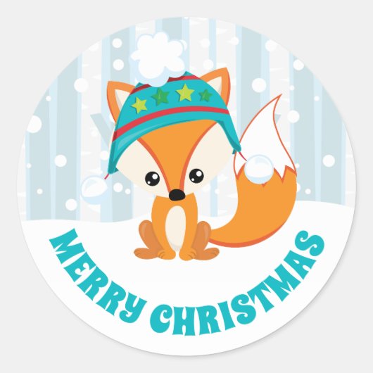 雪の森のクリスマスに冬の帽子で可愛いキツネ ラウンドシール (正面)