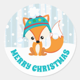 雪の森のクリスマスに冬の帽子で可愛いキツネ ラウンドシール