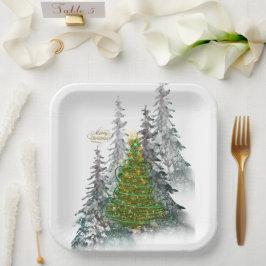 雪の森のクリスマスツリーの紙皿 ペーパープレート