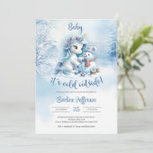 雪の森の中で雪だるまと可愛い小さなポニー 招待状 (スタンド正面)