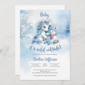 雪の森の中で雪だるまと可愛い小さなポニー 招待状 (正面/裏面)