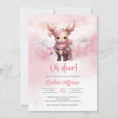 雪の森の中のオディアウィンターピンクのベビー鹿 招待状 (正面)