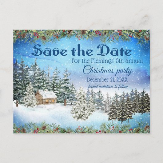 雪の森の中のキャビンのクリスマスを保存 案内ポストカード (正面)